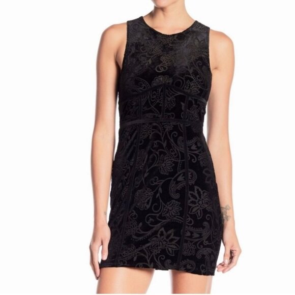 Free People Black Velvet Floral Sleeveless Bodycon Mini Dress Keyhole Back M - Picture 1 of 13